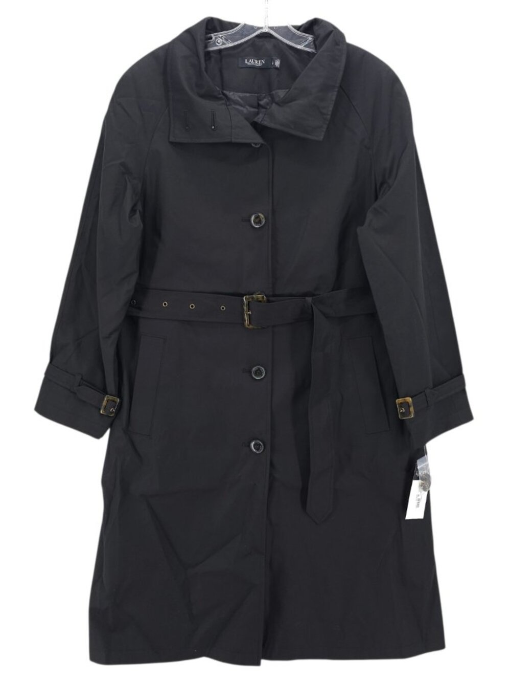 NWT LAUREN RALPH LAUREN Black Trench Coat Single Breasted Belted Size LARGE